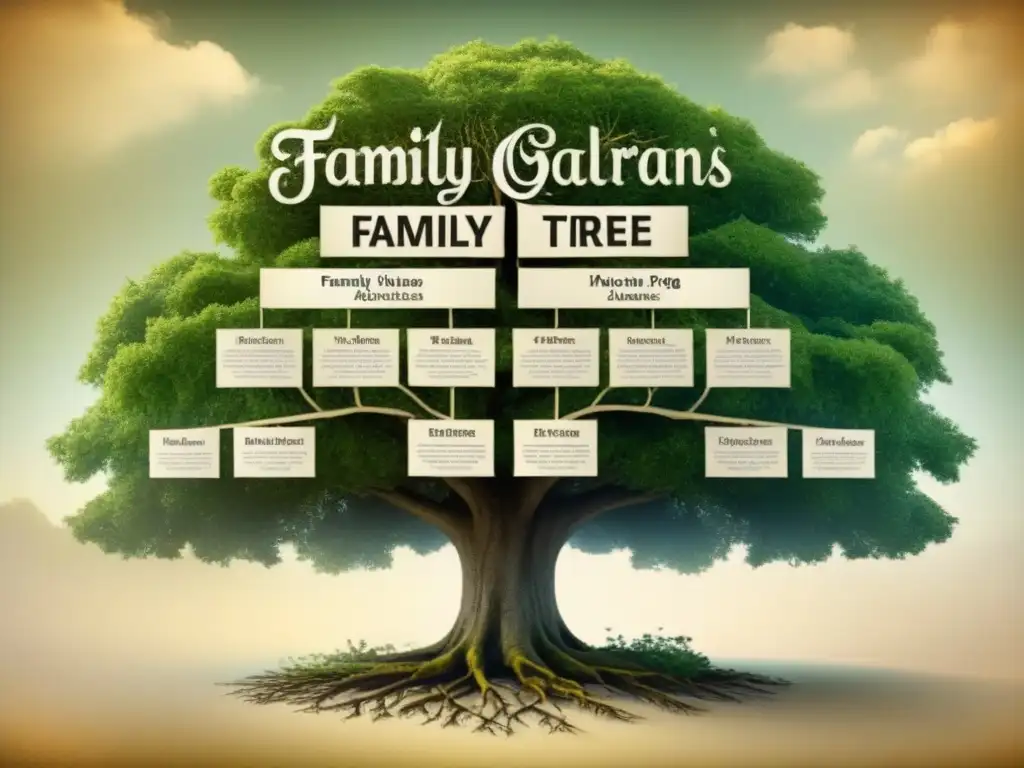 Un árbol genealógico detallado con raíces en un mapa antiguo de las Islas Británicas