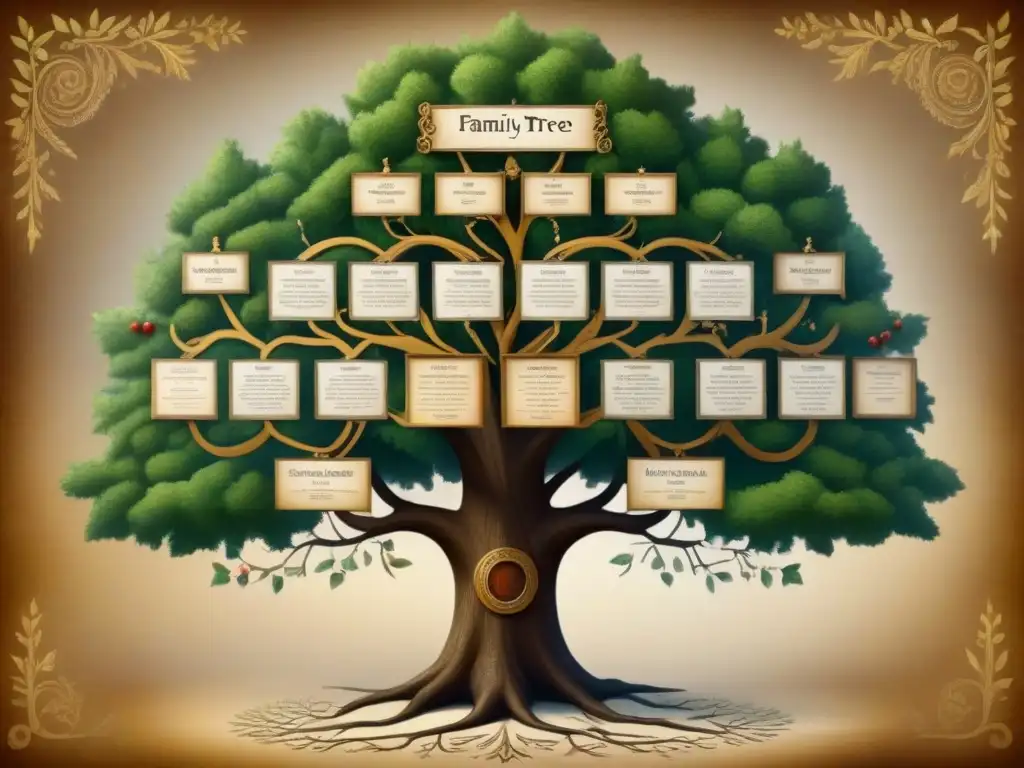 Un árbol genealógico detallado con raíces en un mapa histórico, adornado con ornamentos antiguos y retratos de ancestros