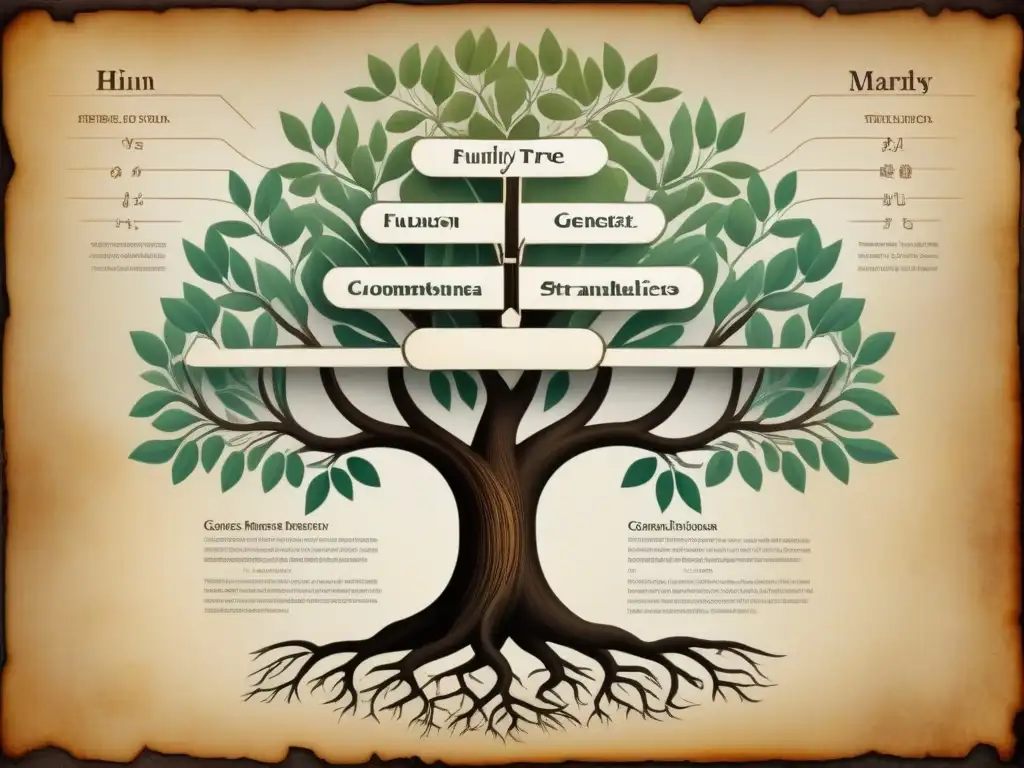 Un árbol genealógico detallado con ramas intrincadas y raíces, marcadores genéticos y apellidos en viejos pergaminos, sobre un mapa sepia