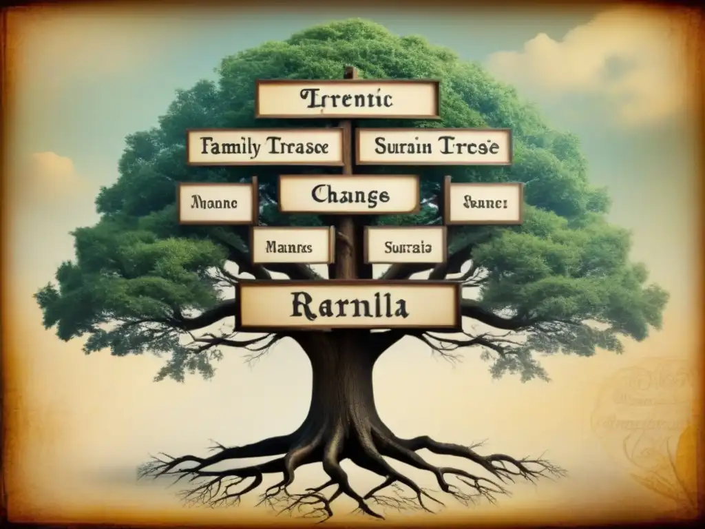 Árbol genealógico detallado: evolución de apellidos a través de los siglos Un árbol genealógico detallado con ramas entrelazadas y nombres que muestran cambios fonéticos en apellidos genealógicos a lo largo de los siglos