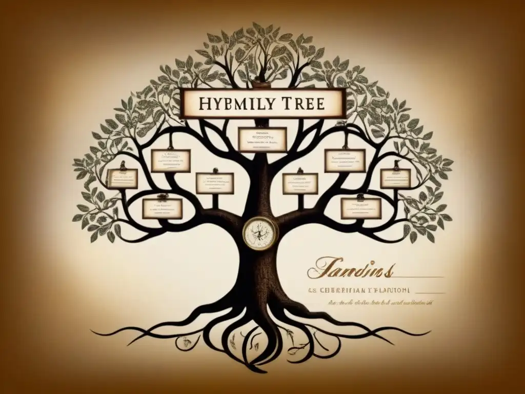 Árbol genealógico vintage: evolución de apellidos y migraciones Un árbol genealógico detallado con ramas entrelazadas, mostrando la evolución y migración de apellidos