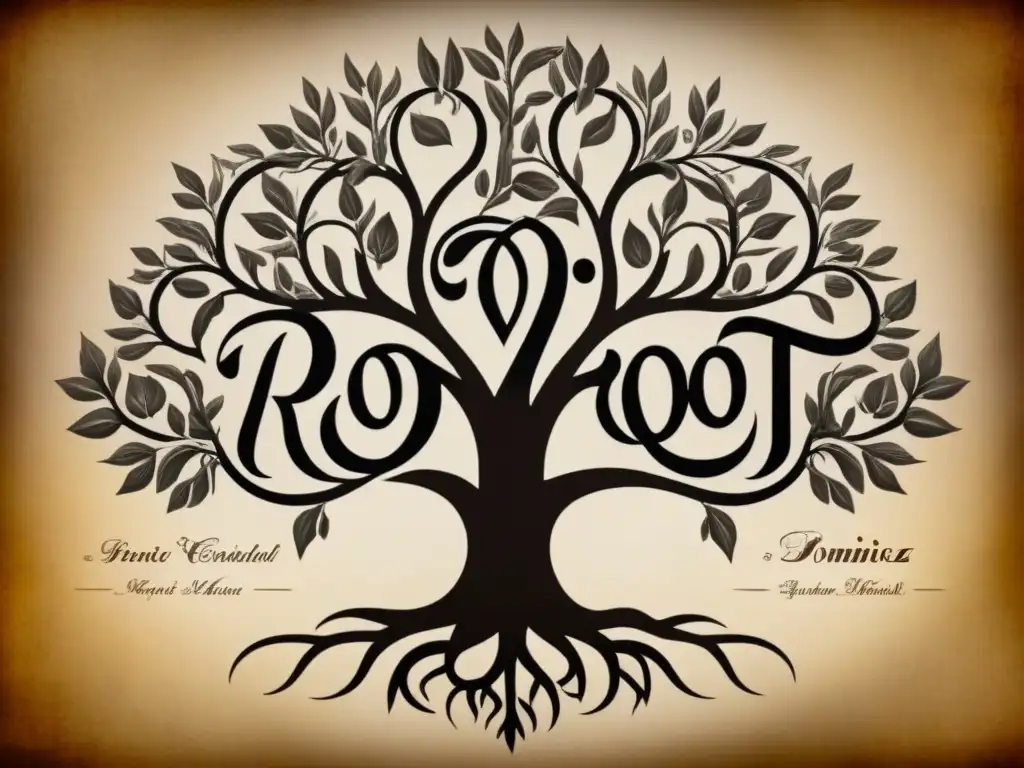 Un árbol genealógico detallado con ramas entrelazadas y nombres de ancestros, destacando 'Domínguez'