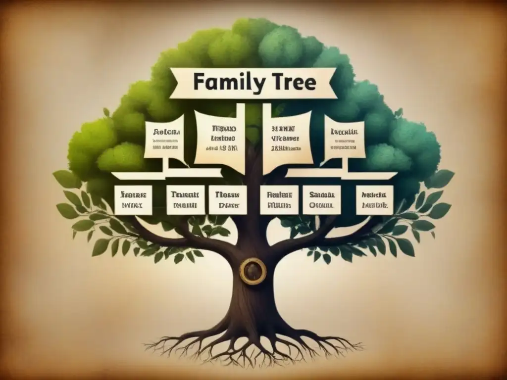 Un árbol genealógico detallado con ramas etiquetadas con diferentes etnicidades y marcadores de ADN, evocando historia y linaje