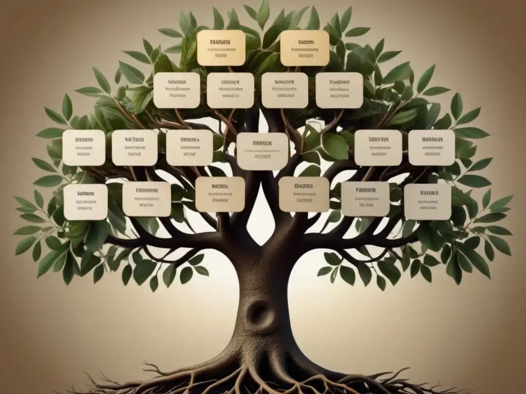 Un árbol genealógico detallado con ramas e hojas intrincadas que representan conexiones genéticas entre familiares