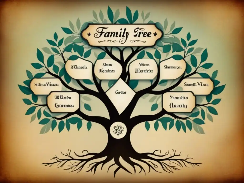 Un árbol genealógico detallado con ramas entrelazadas, ADN y apellidos, envejecido sobre pergamino