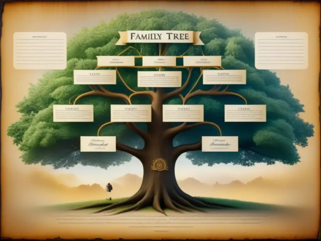 Un árbol genealógico detallado en sepia, con verificación precisión registros genealógicos