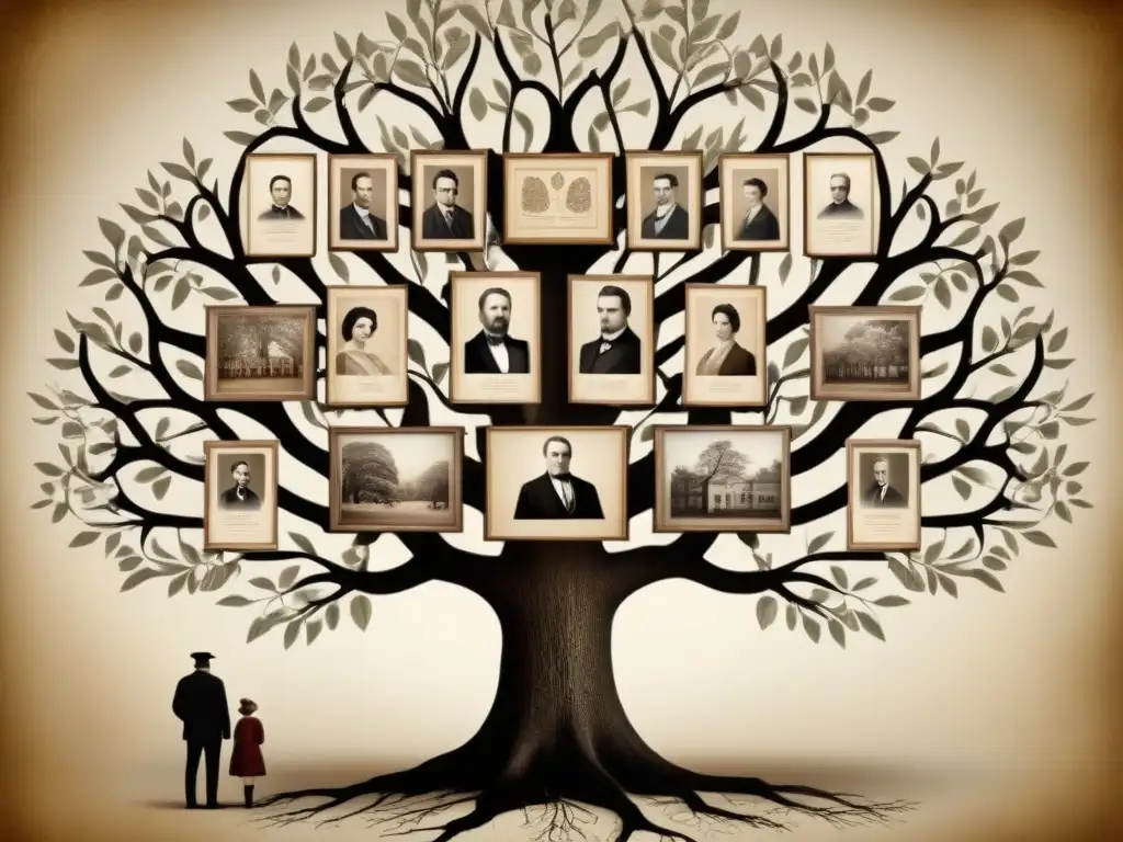 Árbol genealógico detallado: legado familiar en ilustración vintage Un árbol genealógico detallado con retratos de antepasados, ideal para inspirar al escribir historia familiar
