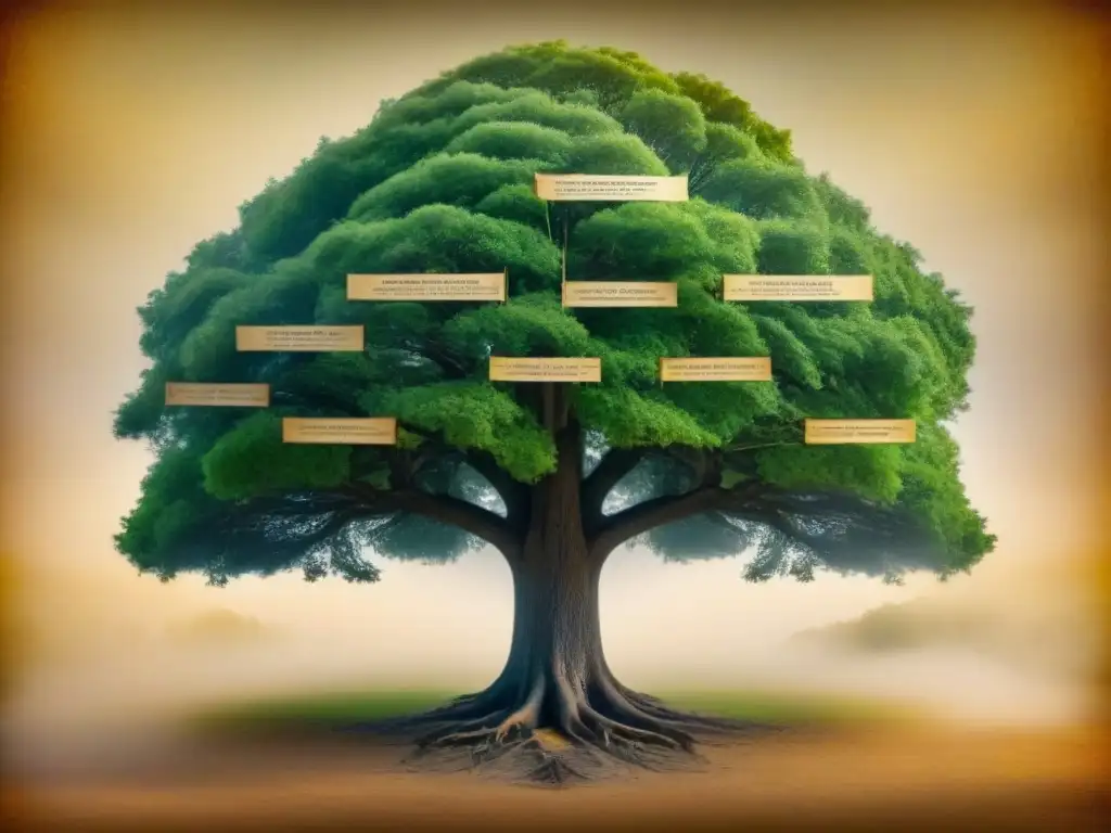 Árbol genealógico detallado con retratos antiguos en pergamino sepia