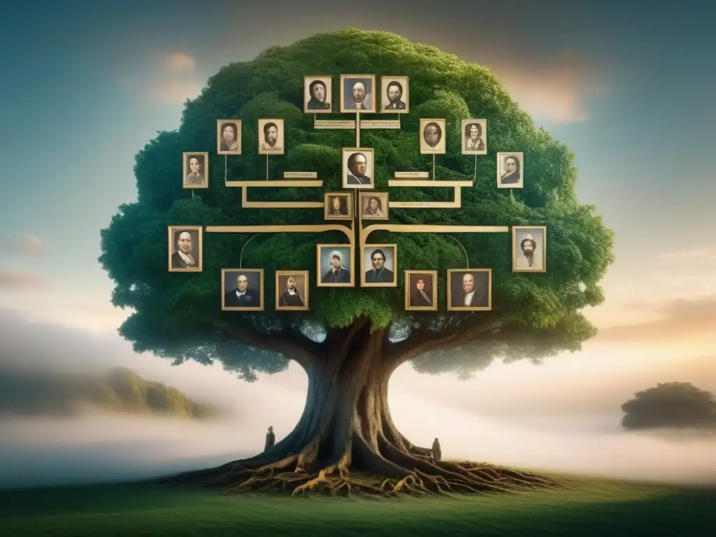 Un árbol genealógico detallado con retratos ancestrales entrelazados, mostrando conexiones entre generaciones