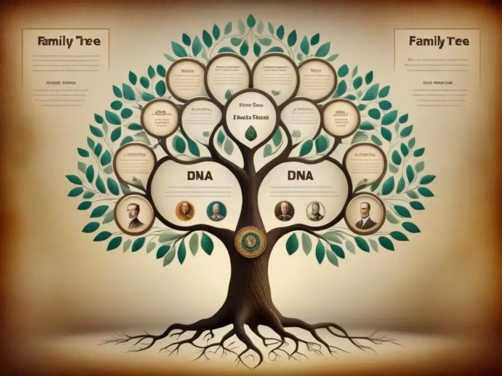 Un árbol genealógico detallado con ADN y retratos ancestrales en pergamino sepia