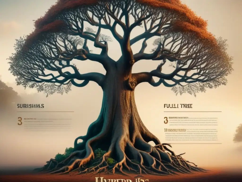 Un árbol genealógico detallado rodeado de documentos históricos y hebras de ADN, simbolizando el origen y evolución de apellidos