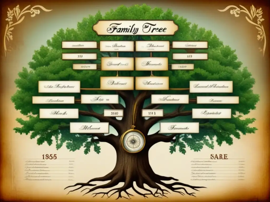 Un árbol genealógico detallado rodeado de antigüedades, representando conexiones familiares y genealogía con Big Data