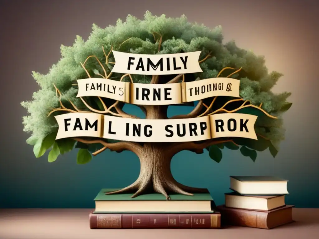 Un árbol genealógico detallado rodeado de libros antiguos con apellidos diversos, evocando historias familiares a través de apellidos