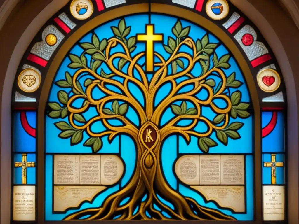 Árbol genealógico histórico y espiritual con símbolos religiosos Un árbol genealógico detallado con símbolos religiosos, evocando historia, espiritualidad y lazos familiares