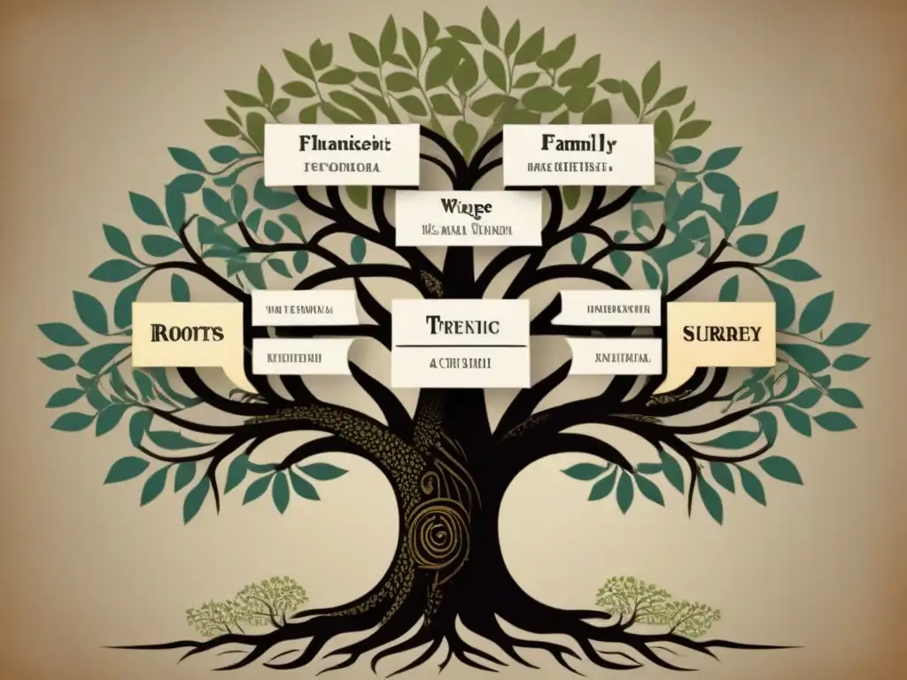 Un árbol genealógico detallado con símbolos fonéticos que representan la evolución del lenguaje, envejecido y lleno de historia