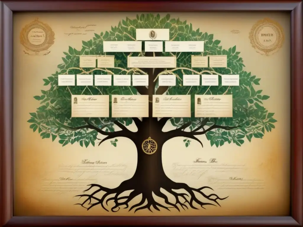 Un árbol genealógico detallado con técnicas avanzadas, retratando la historia de los apellidos a través de generaciones