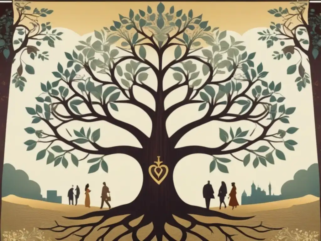 Un árbol genealógico detallado tejido en una tapicería, representando el impacto de eventos históricos en la genealogía