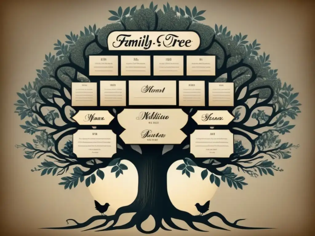 Un árbol genealógico detallado en tonos sepia, mostrando la historia de la genealogía matrilineal con nombres y fechas antiguas en caligrafía elegante