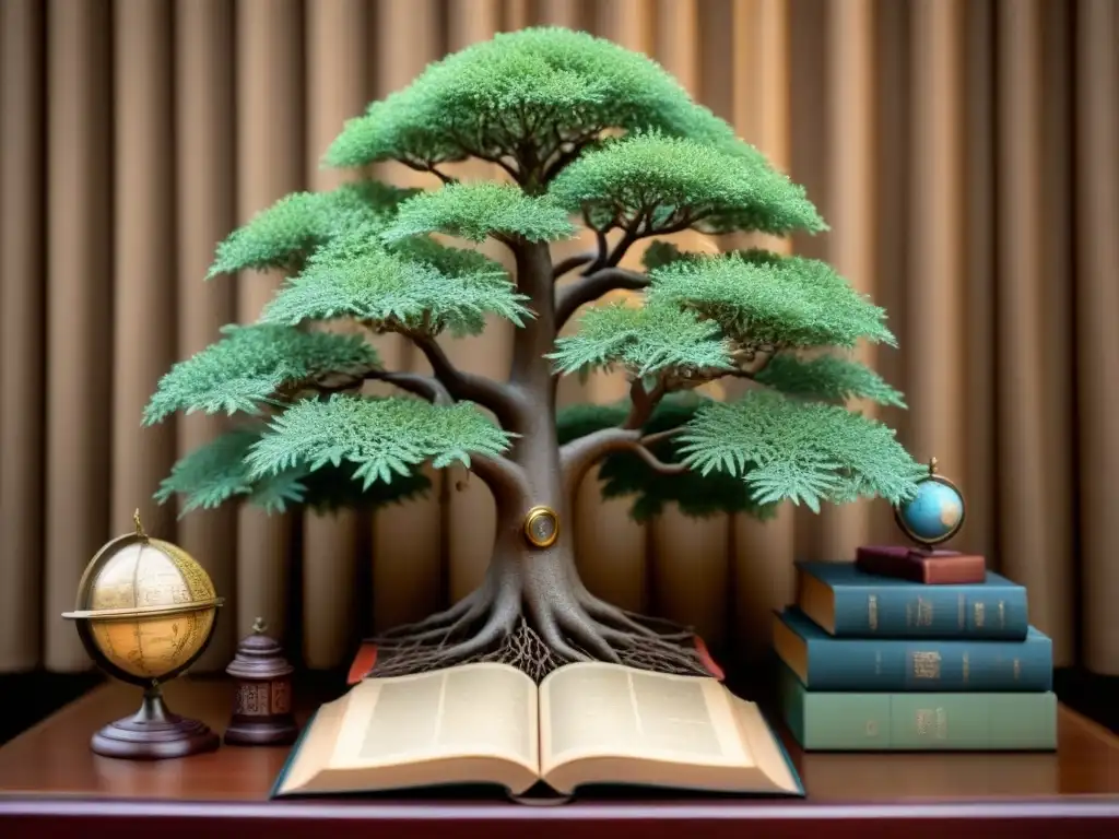 Árbol genealógico detallado en tonos sepia, rodeado de una acogedora biblioteca vintage con libros, un globo terráqueo y una lupa