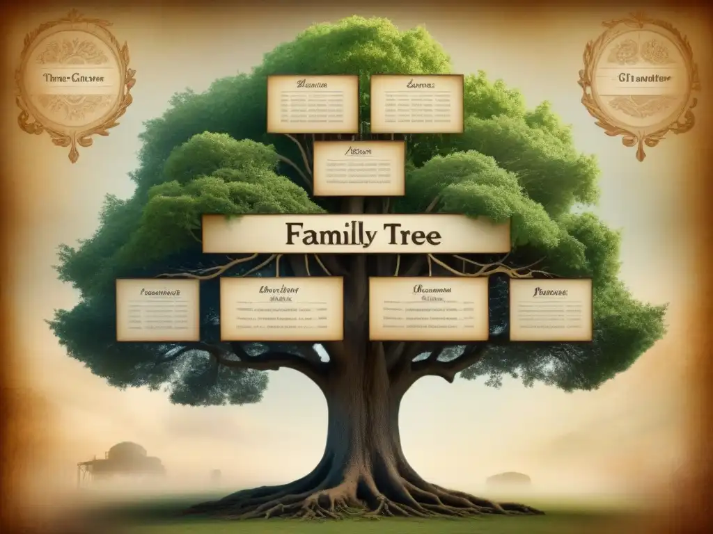 Un árbol genealógico detallado en tonos cálidos sobre un mapa antiguo, evocando conexiones inesperadas