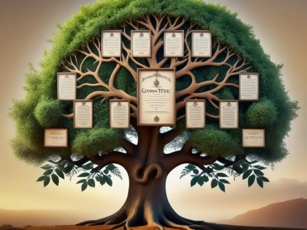 Un árbol genealógico detallado en tonos sepia de la historia del apellido Ibáñez, con ilustraciones y caligrafía delicada