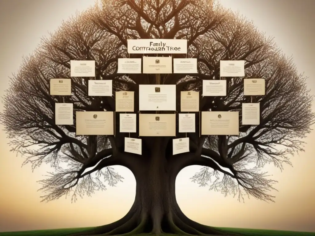 Árbol genealógico detallado: nostalgia familiar en sepia Un árbol genealógico detallado en tonos sepia, con retratos de ancestros colgando de las ramas