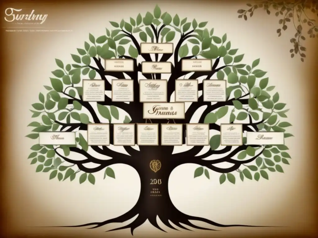 Un árbol genealógico detallado en tonos sepia muestra la evolución de los apellidos en el siglo XX