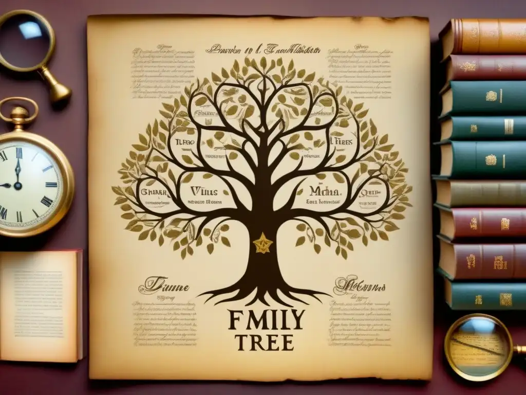 Un árbol genealógico detallado en tonos sepia y dorado, rodeado de libros antiguos y lupas, evocando historia de apellidos y genealogía