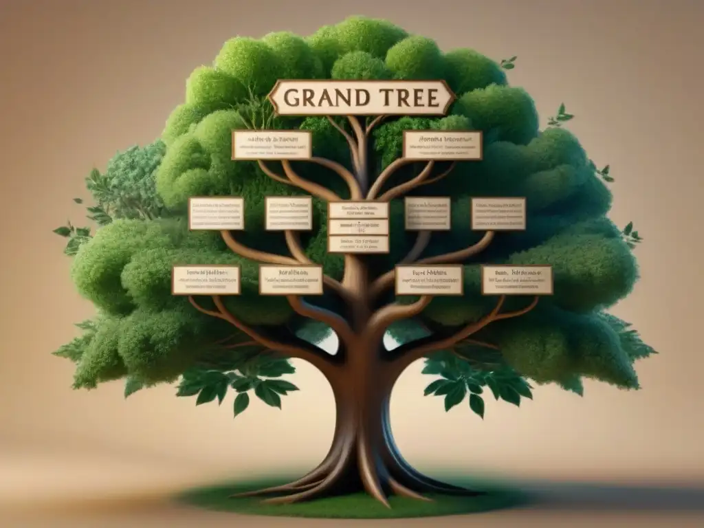 Un árbol genealógico detallado y vintage con ramas que tejen generaciones y apellidos en caligrafía ornamental