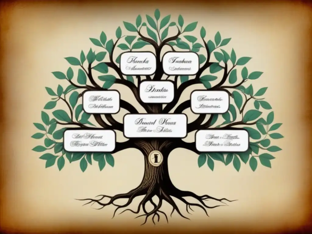 Un árbol genealógico detallado y vintage en pergamino, mostrando la historia de apellidos y genealogía con elegancia y emoción