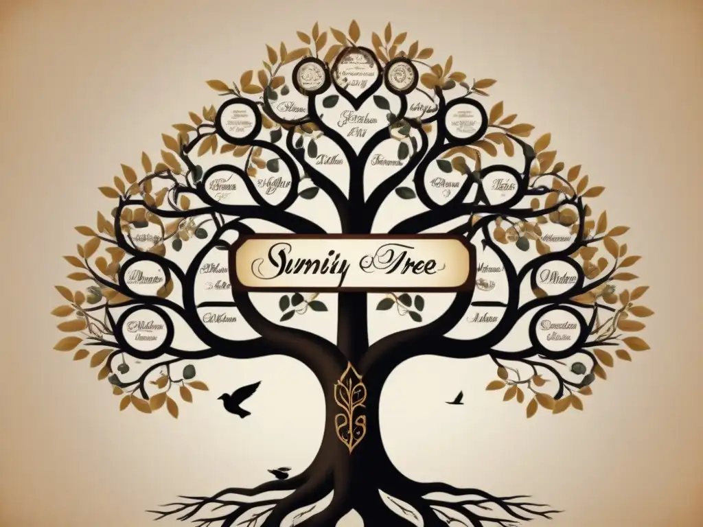 Árbol genealógico detallado: evolución de apellidos y migración familiar Un árbol genealógico detallado y vintage que muestra la evolución y migración de apellidos a través de generaciones