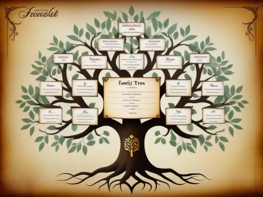 Un árbol genealógico de diseño elaborado, mostrando conexiones entre familias nobles a lo largo de la historia