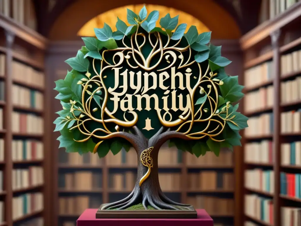 Un árbol genealógico dorado de una familia judía en una biblioteca antigua iluminada suavemente, evocando historia apellidos judíos genealogía