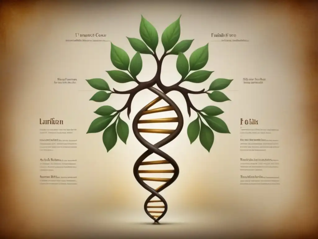 Un árbol genealógico entrelazado con ADN, simbolizando la conexión entre herencia genética y familiar