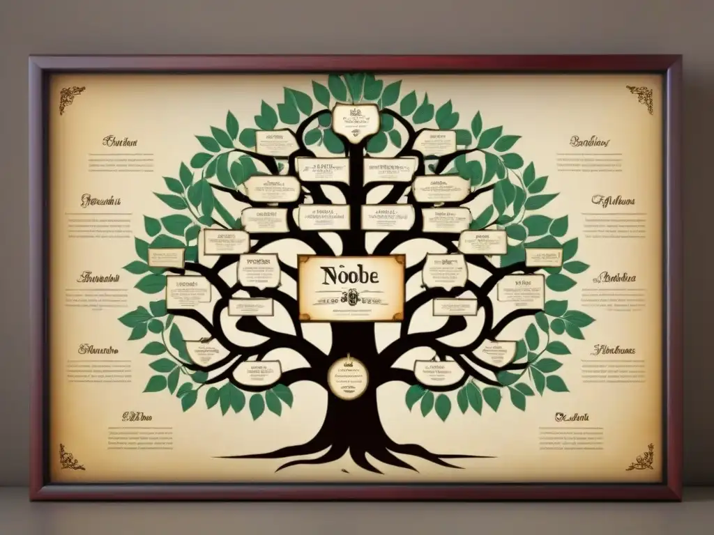 Árbol genealógico de una familia noble con historia, apellidos y linajes detallados en caligrafía