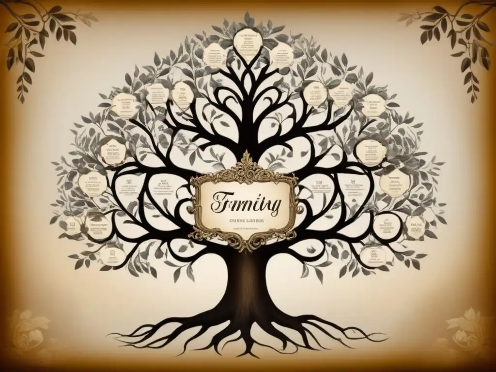 Árbol genealógico femenino vintage trazando linajes con elegante caligrafía sepia