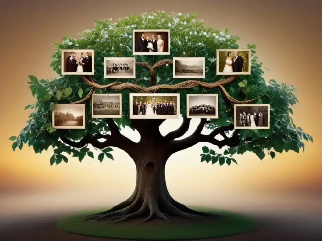 Un árbol genealógico sepia con fotos antiguas de ancestros, nombres elegantes y una atmósfera nostálgica