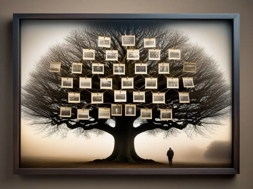 Árbol genealógico detallado: historia y nostalgia en sepia Un árbol genealógico en sepia con fotos antiguas de ancestros, un viaje visual a través de generaciones