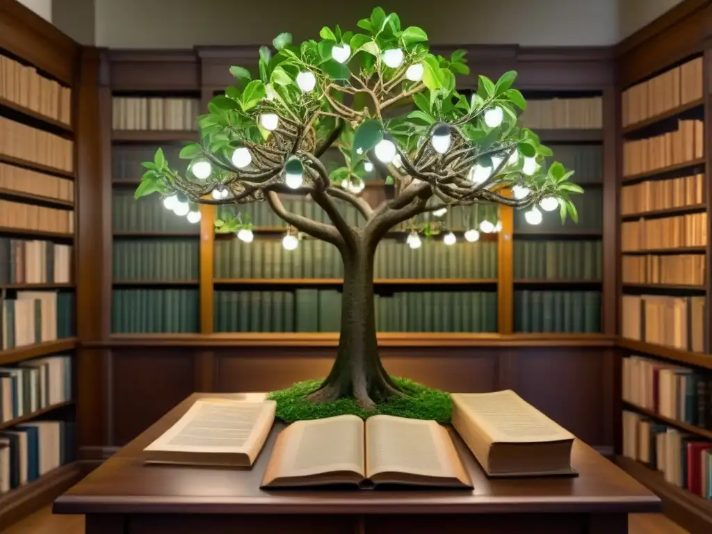 Un árbol genealógico sepia con fotos y documentos antiguos en una biblioteca iluminada tenue