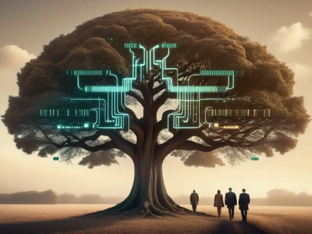 Un árbol genealógico fusionado con tecnología AI, retratando el pasado y futuro de la reconstrucción genealógica