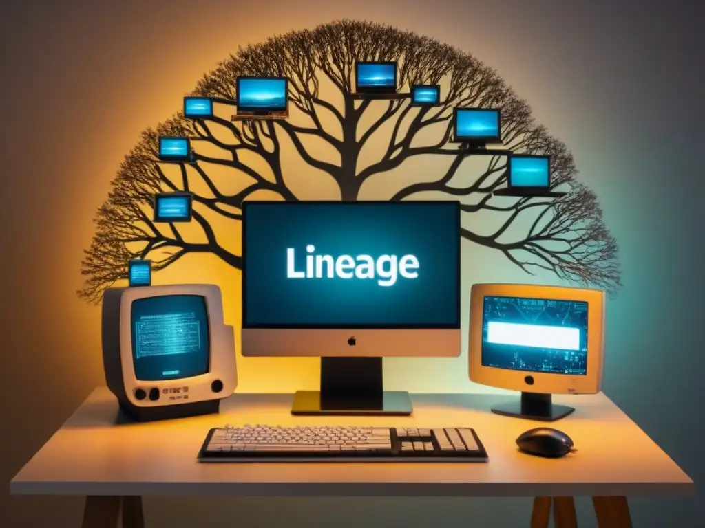 Una fotografía vintage de un árbol genealógico hecho con dispositivos digitales interconectados, simbolizando la evolución e integración de la tecnología en nuestras historias familiares y el cambio de los linajes en la era digital