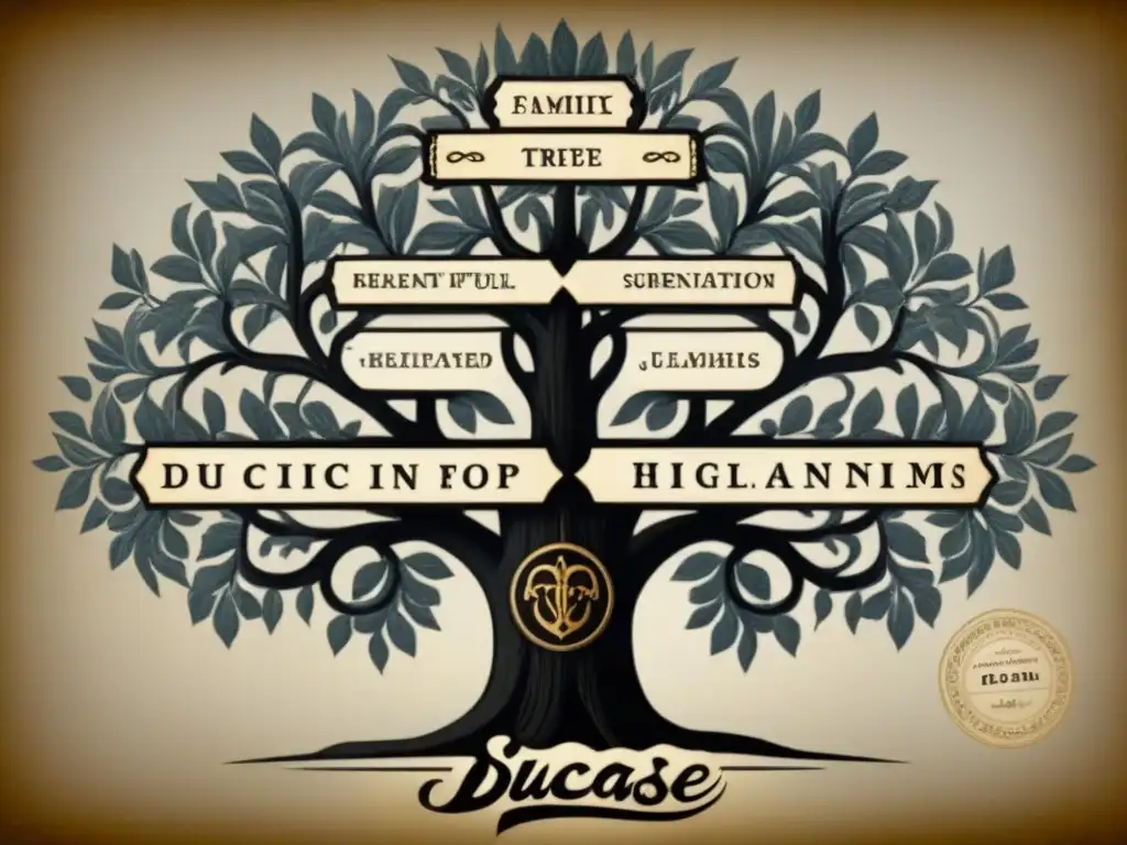 Árbol genealógico vintage detallando la historia del apellido Ducasse con tonos sepia y elegante caligrafía, adornado con símbolos culinarios y escudos nobles