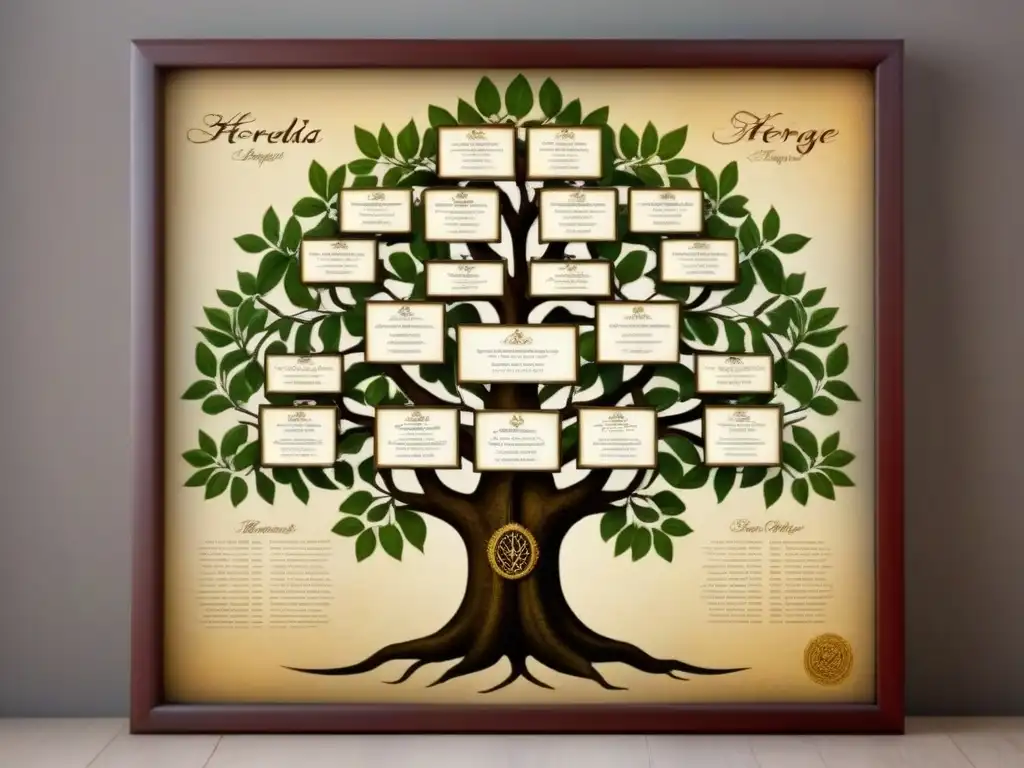 Un árbol genealógico vintage detallando la historia del apellido Heredia con elegante caligrafía y toques antiguos