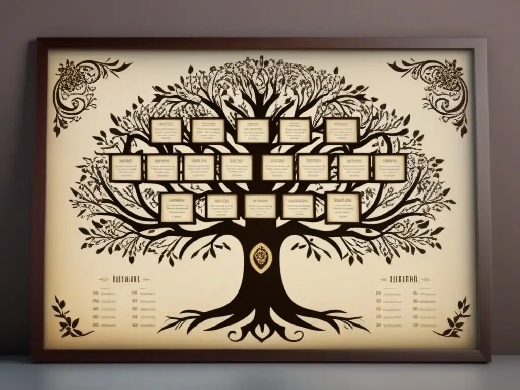 Un árbol genealógico vintage detallando la historia del apellido Hervás con caligrafía delicada y tonos sepia envejecidos