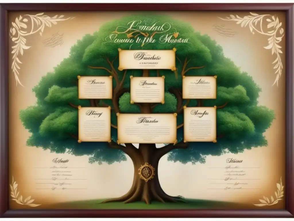 Un árbol genealógico vintage detallando la historia del apellido Hurtado con caligrafía elegante y ornamentos simbólicos