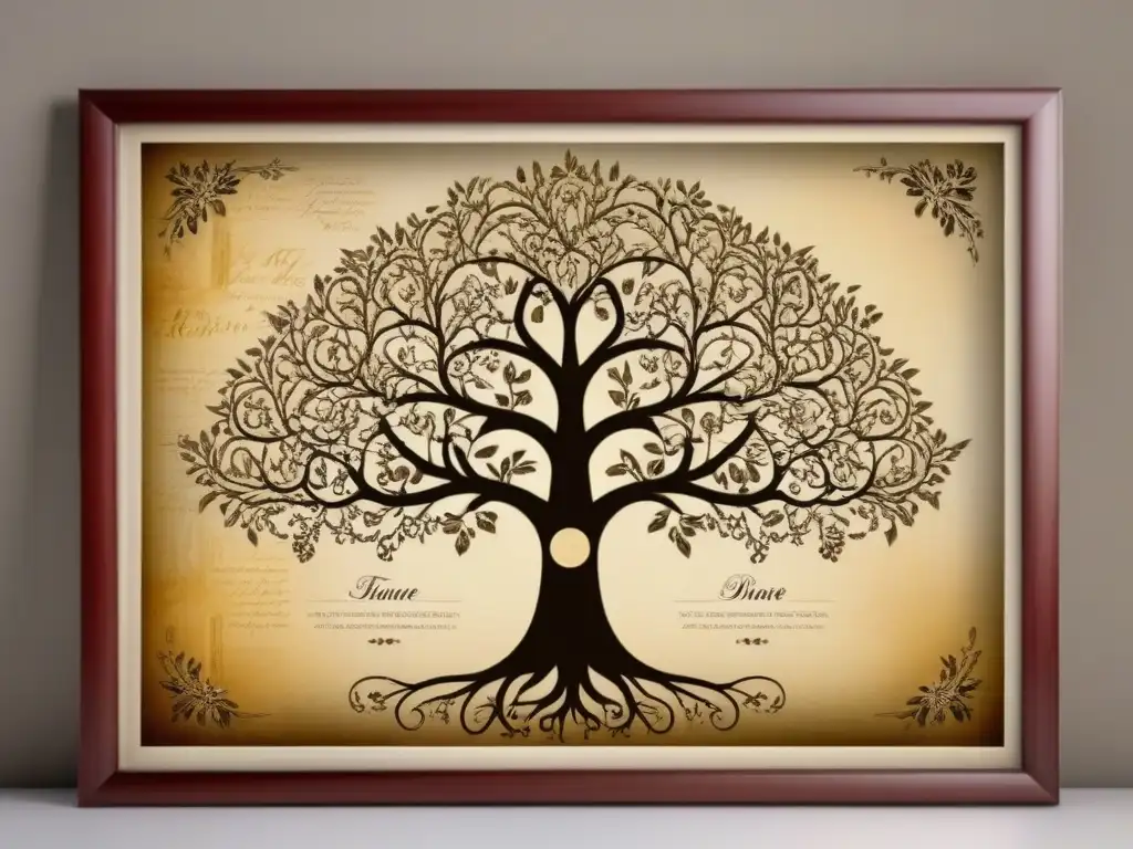 Un árbol genealógico vintage detallando la Historia del apellido Iriarte con tonos sepia y caligrafía ornamental
