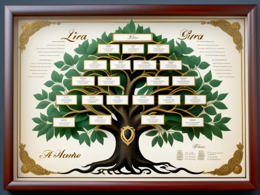 Un árbol genealógico vintage detallando la historia del apellido Lira con caligrafía elegante y símbolos nobles