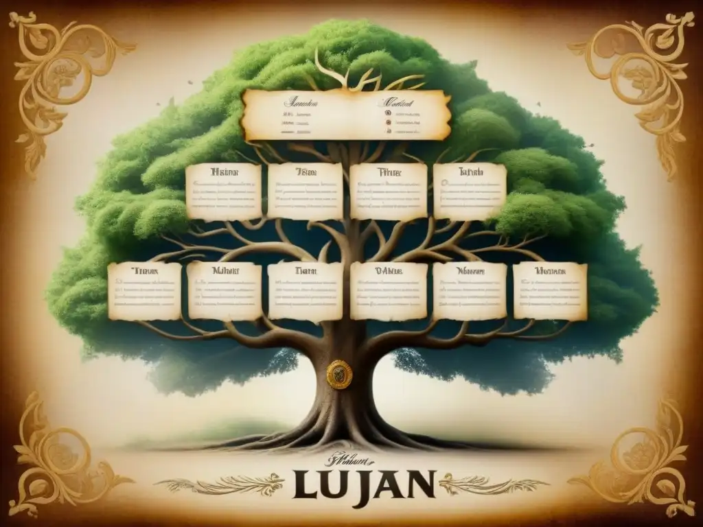 Un árbol genealógico vintage detallando la historia del apellido Luján con caligrafía delicada y ornamentos elegantes en un pergamino envejecido