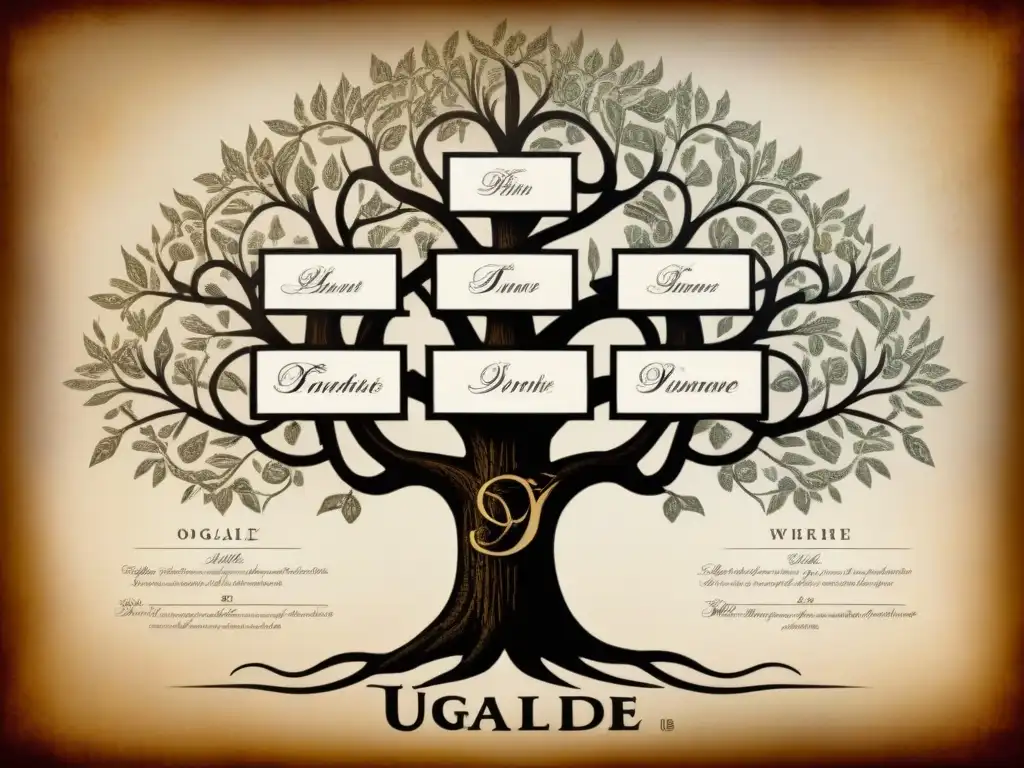 Árbol genealógico vintage detallando la historia del apellido Ugalde con elegante caligrafía y tonos sepia envejecidos