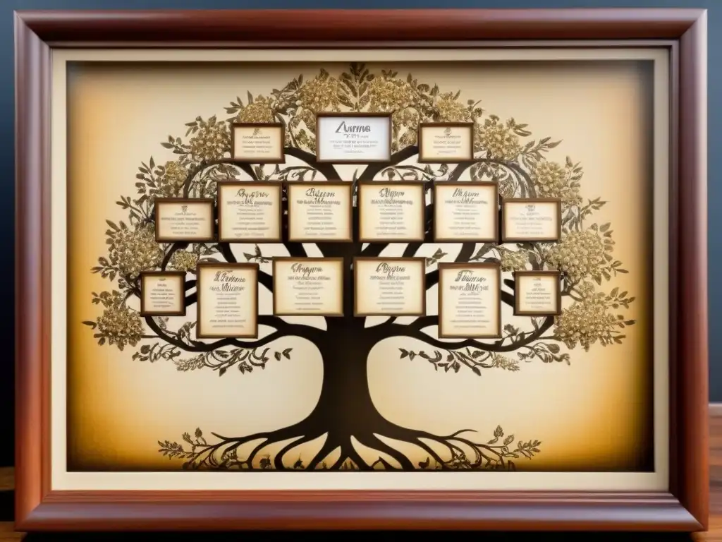 Un árbol genealógico vintage detallando la historia del apellido Amaro con tonos sepia y caligrafía ornamental